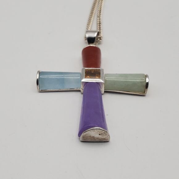 Sterling Silver Real Multicolor Jade Gem Cross Pendant w/ 24" Necklace - Picture 3 of 10
